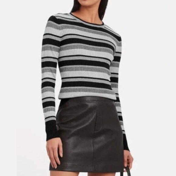 Frame Panel Striped Ribbed Metallic Crew Neck Sweater in Silver Multi, size L - Picture 1 of 10